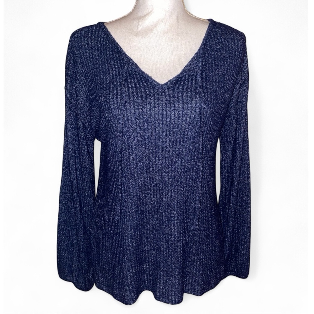 WONDERLY Boatneck Lightweight Sweater Keyhole Detail-Ties Navy Blue in SZ Small - Picture 2 of 6